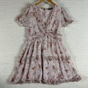 Trixxi Womens Medium Floral Pink Short Sleeve Ruffle Babydoll Cottagecore Dress